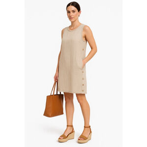 Lost in Lunar Linen Cotton Shift Dress Fringe Trim, Beige Oatmeal Sleeveless, S
